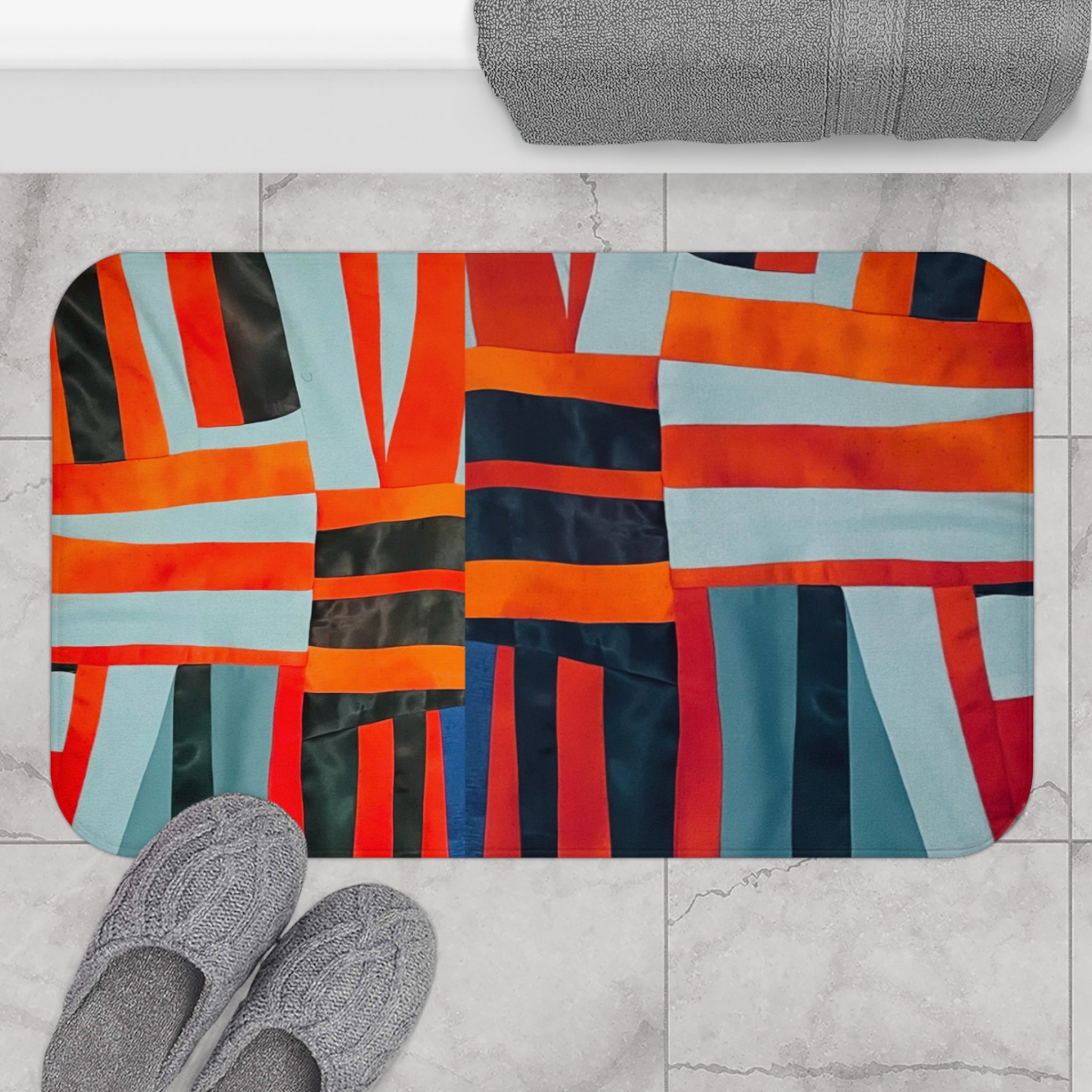 "Samuel" Modern Geometric Bath Mat — Blue, Red & Orange Stripe Abstract Design