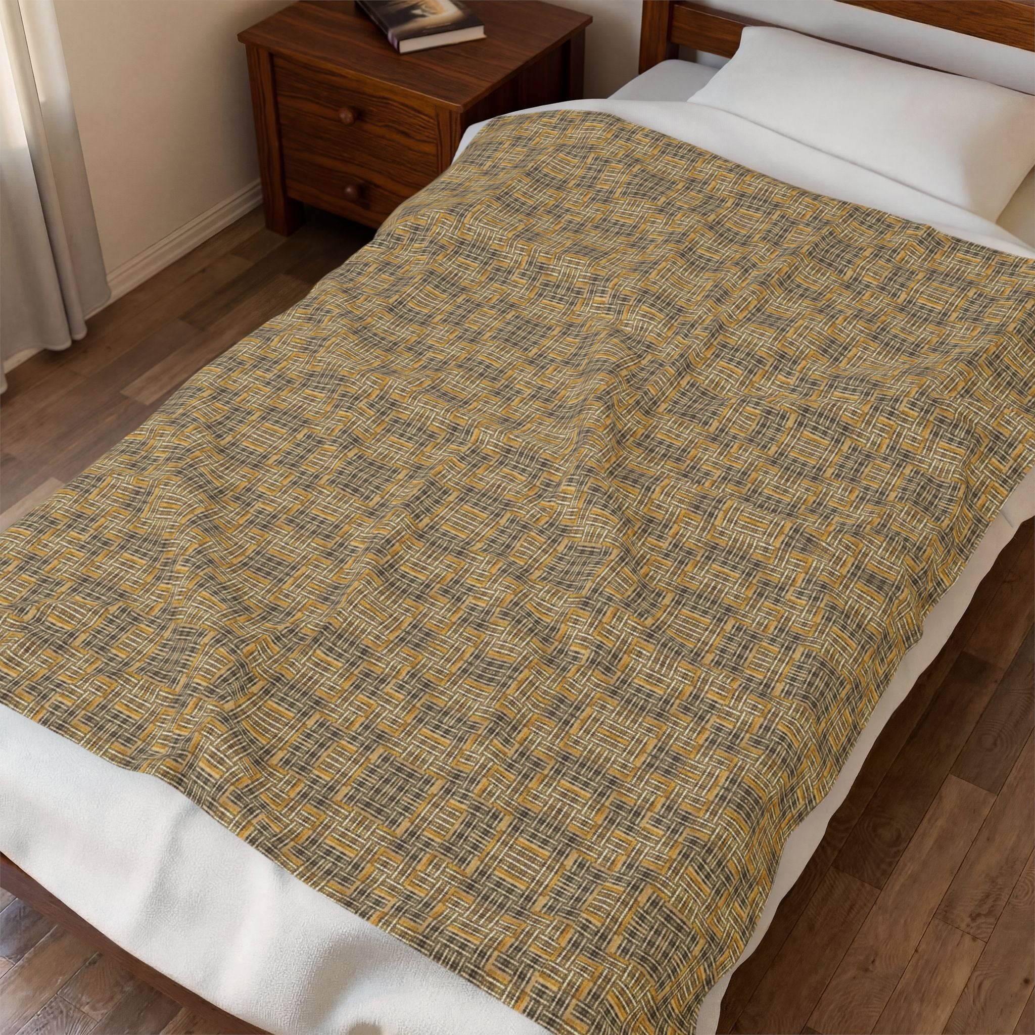 "All Things Fall Apart" Green, Gold, and Brown Woven Textile - Cozy Plaid Velveteen Plush Blanket — Warm Brown Check Throw
