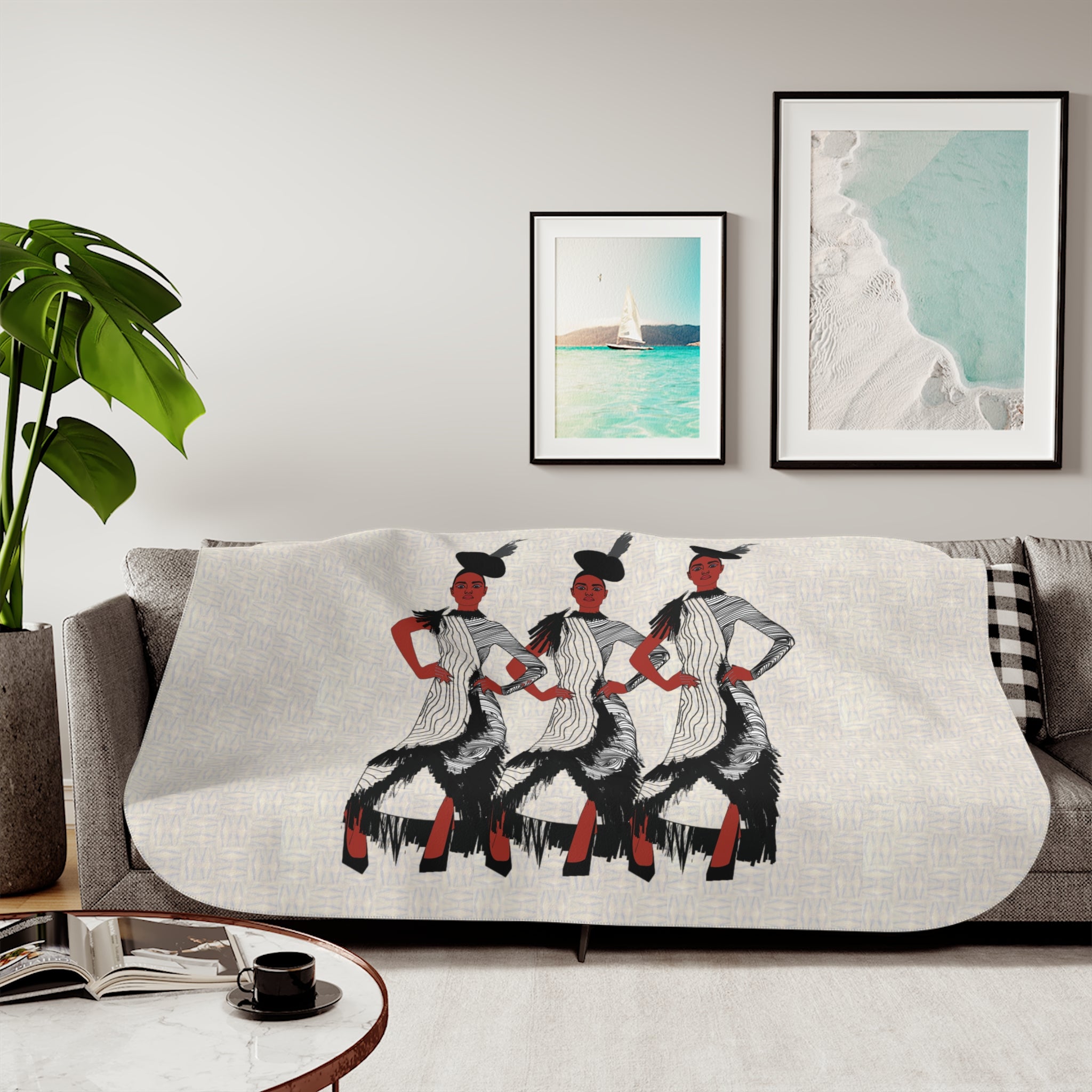 "Fierce Honey" Art Deco Trio Sherpa Blanket — Retro Fashion Illustration Throw