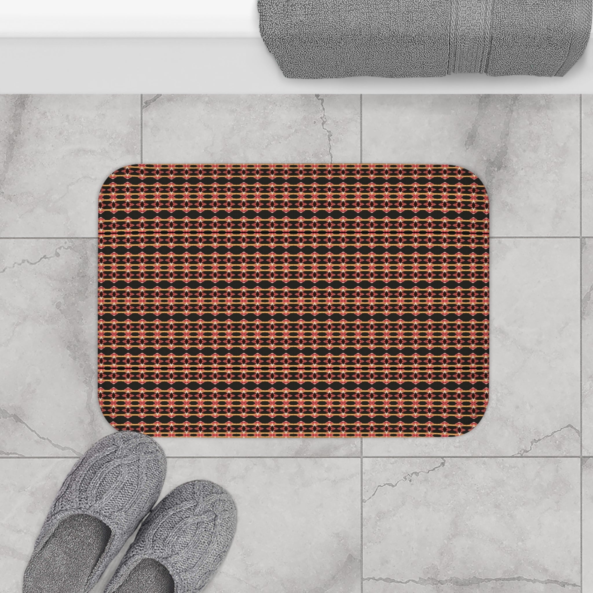 "Native America Now" Geometric Starburst Bath Mat — Retro Red & Gold Patterned Bathroom Rug