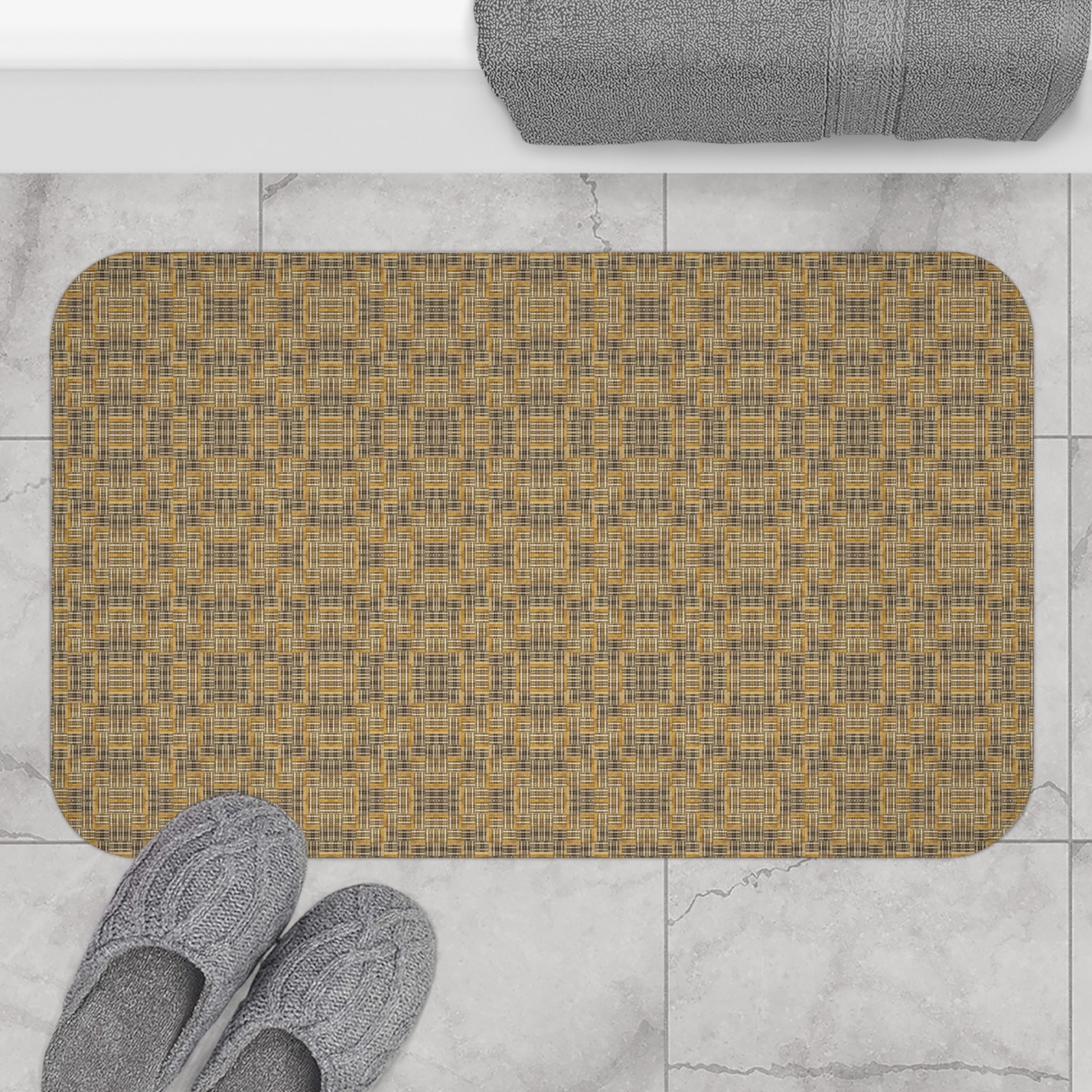 "All Things Fall Apart" Coral Boho Ikat Bath Mat – Vibrant Pink Orange Patterned Bathroom Rug