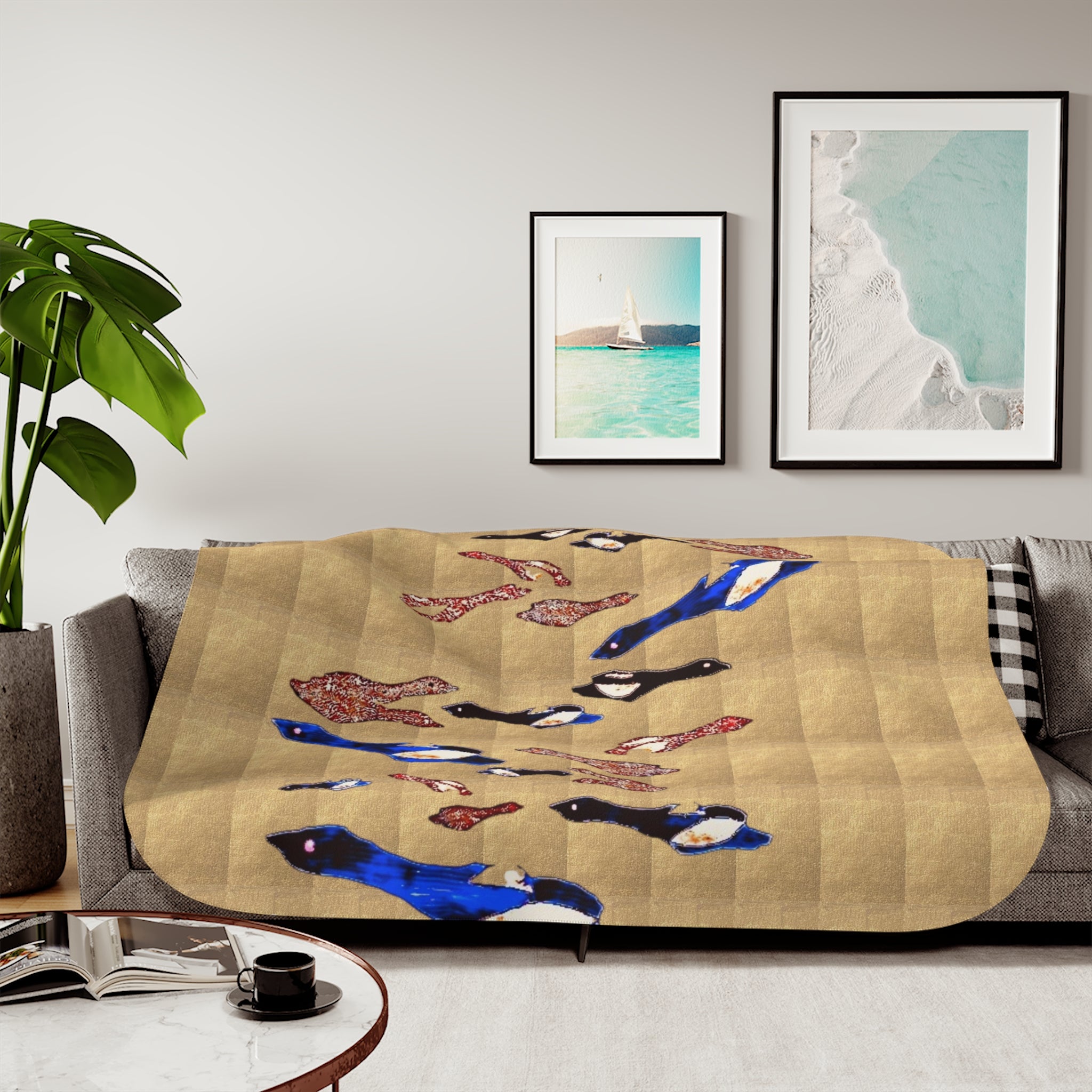 "Fly Me to the Moon" Magpie Flock Sherpa Blanket — Cozy Beige Throw with Blue Bird Motif