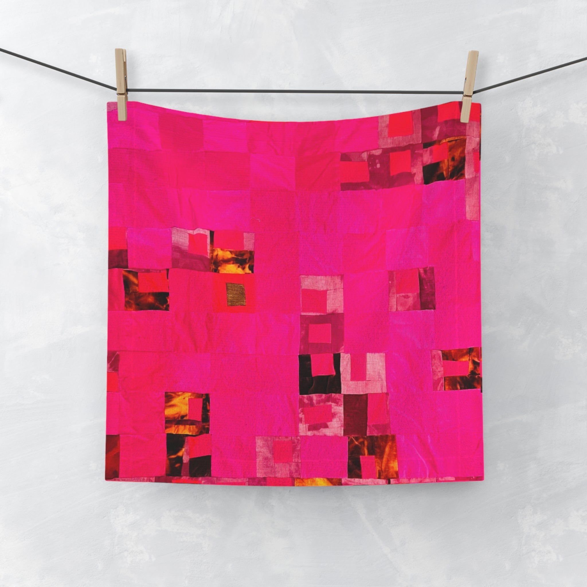 "Lela Lela Lela" Pink Mosaic Face Towel — Vibrant Abstract Square Pattern