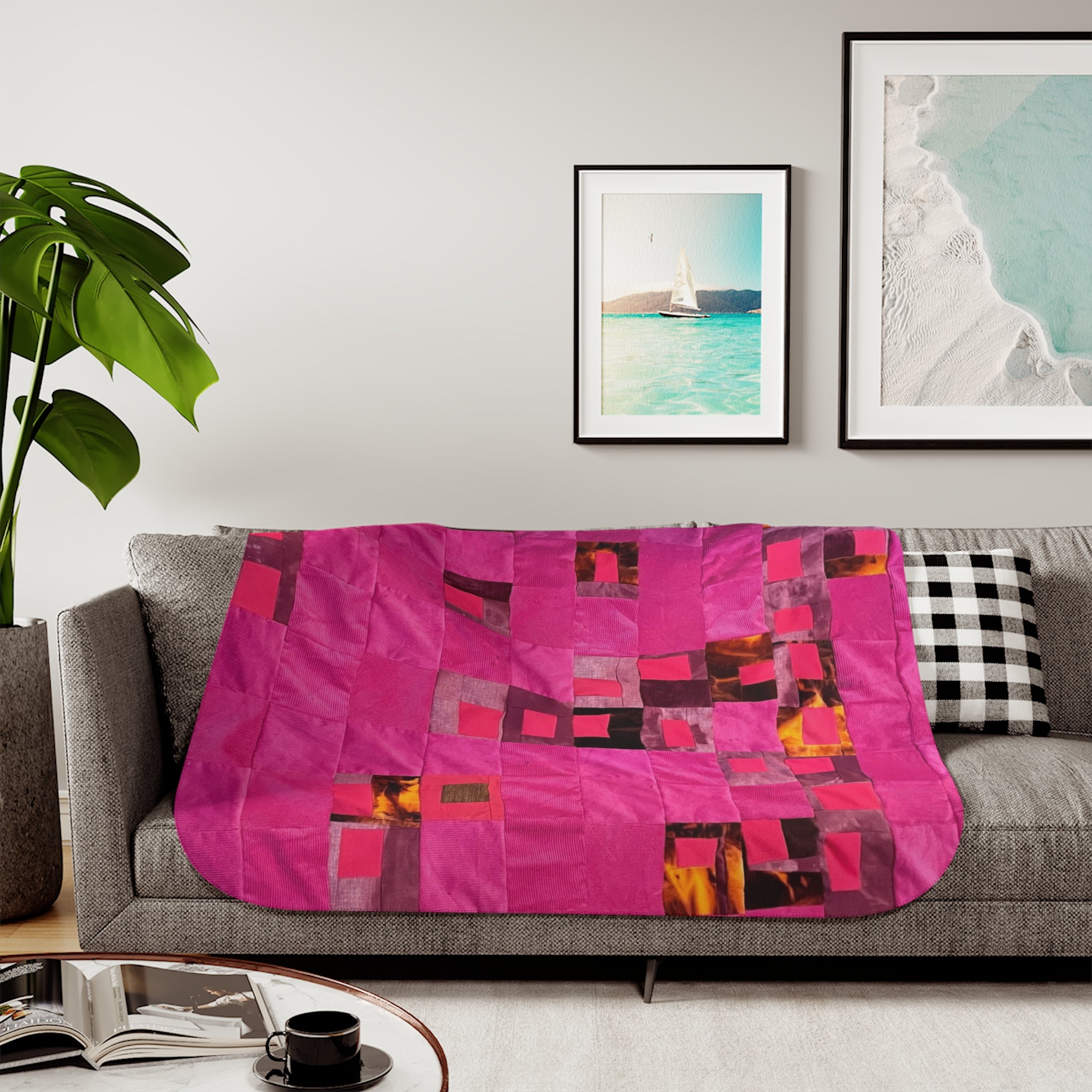 "Lela" Pink Geometric Sherpa Blanket — Cozy Fleece Throw with Abstract Patchwork