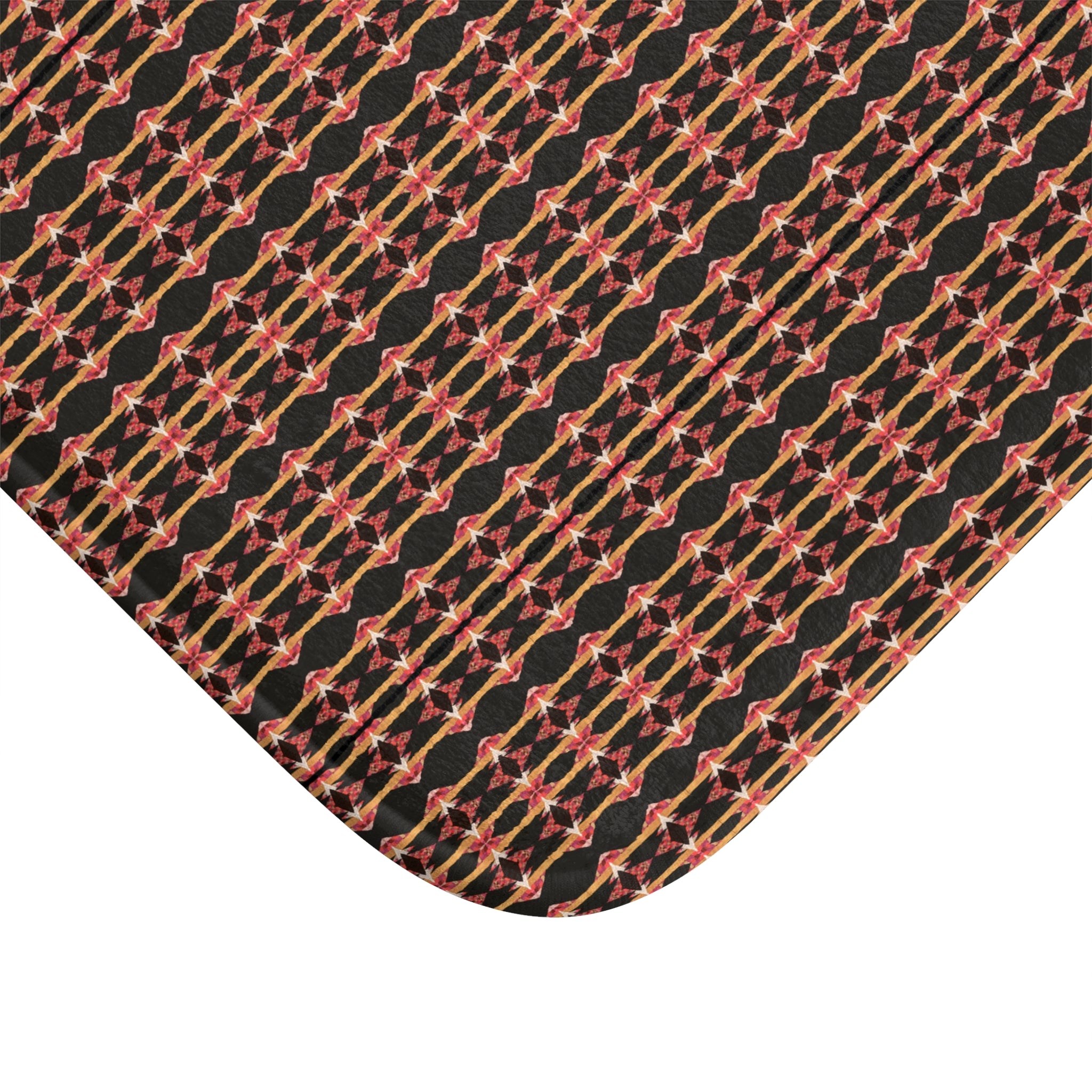 "Native America Now" Geometric Starburst Bath Mat — Retro Red & Gold Patterned Bathroom Rug