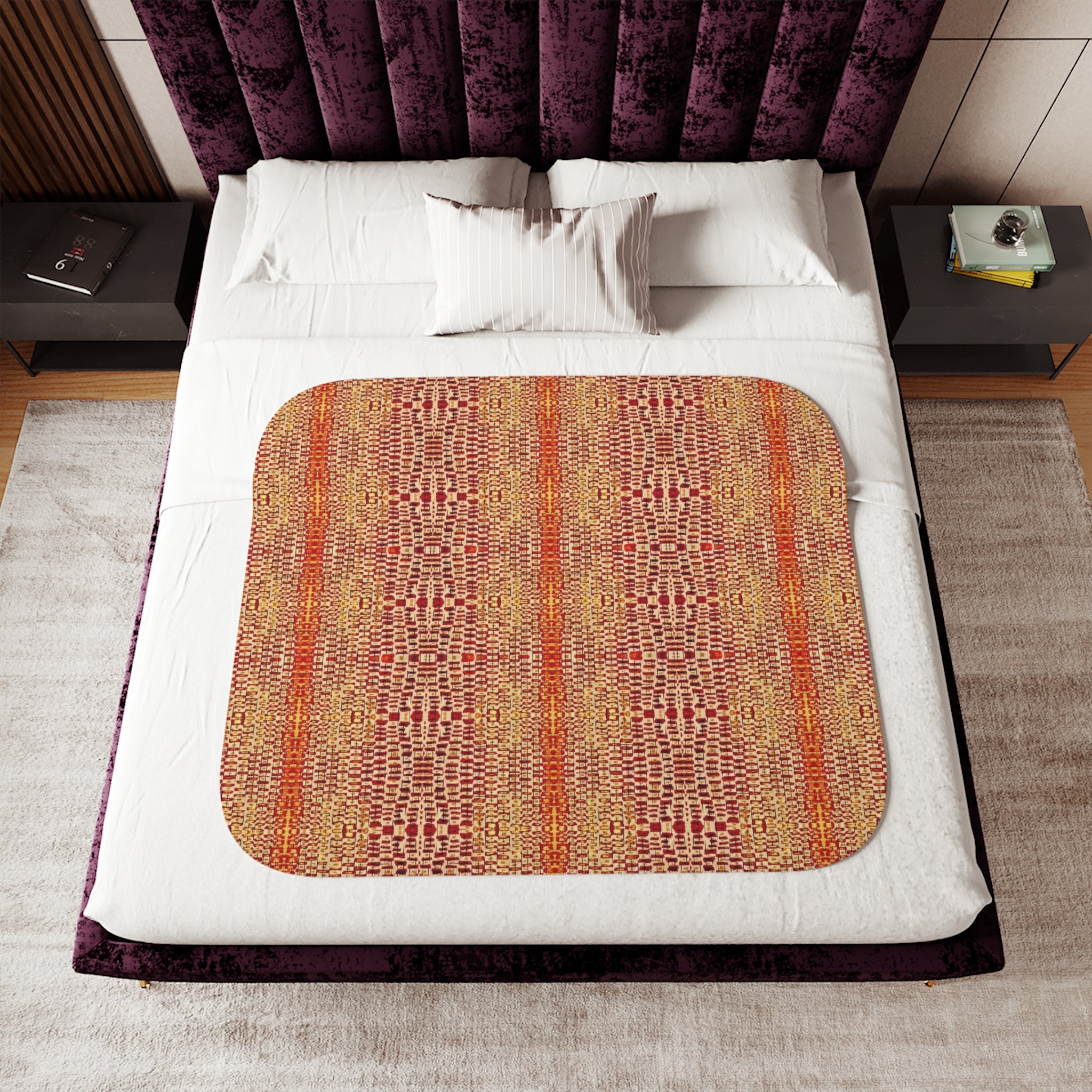 "Queen Mother" Gold, Bronze, Pen Drawing, Red Orange - Autumn Woven Sherpa Blanket – Cozy Boho Plaid Throw for Sofa & Bed