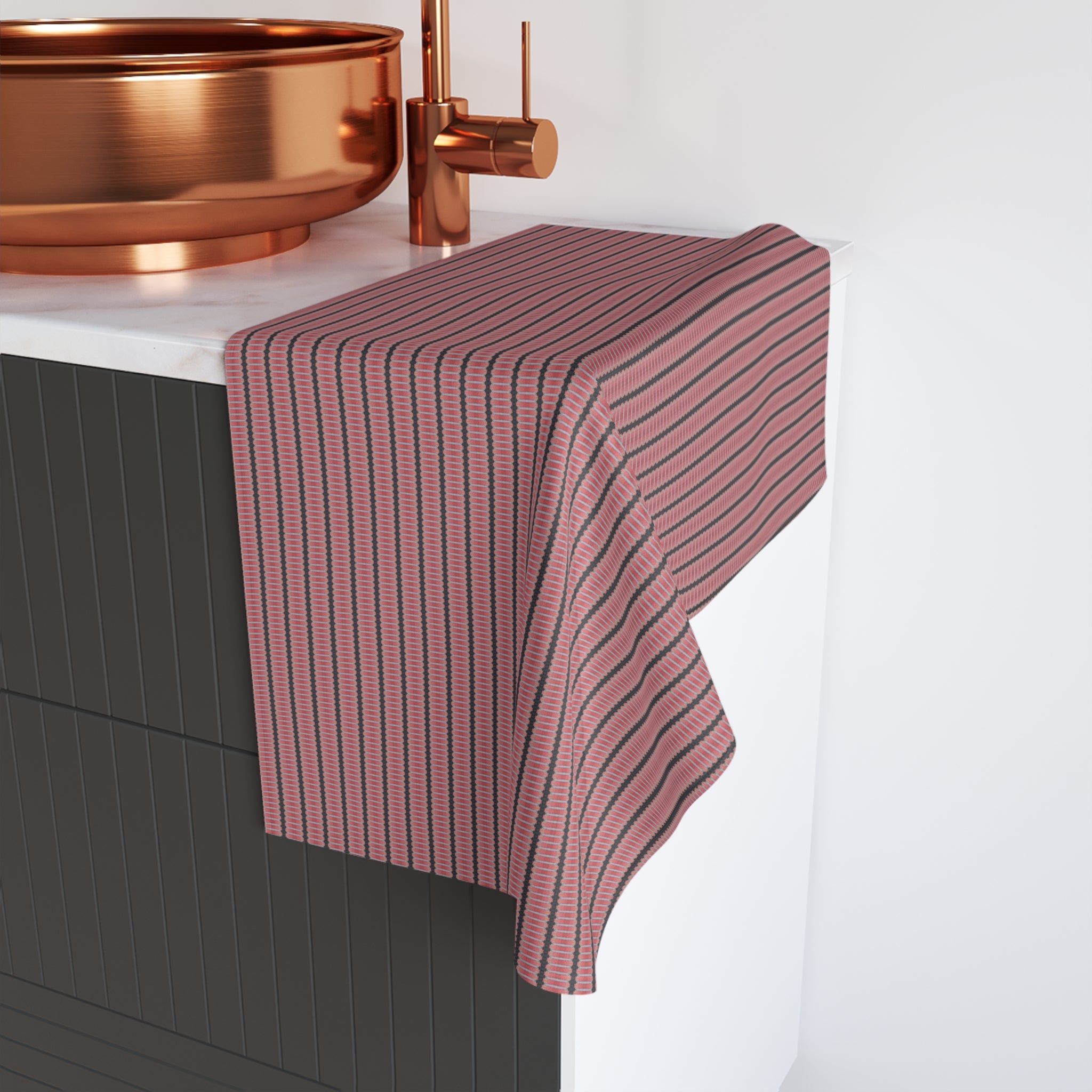 "The Nike of Samothrace" Striped Rose Hand Towel — Pink & Charcoal Kitchen Towel
