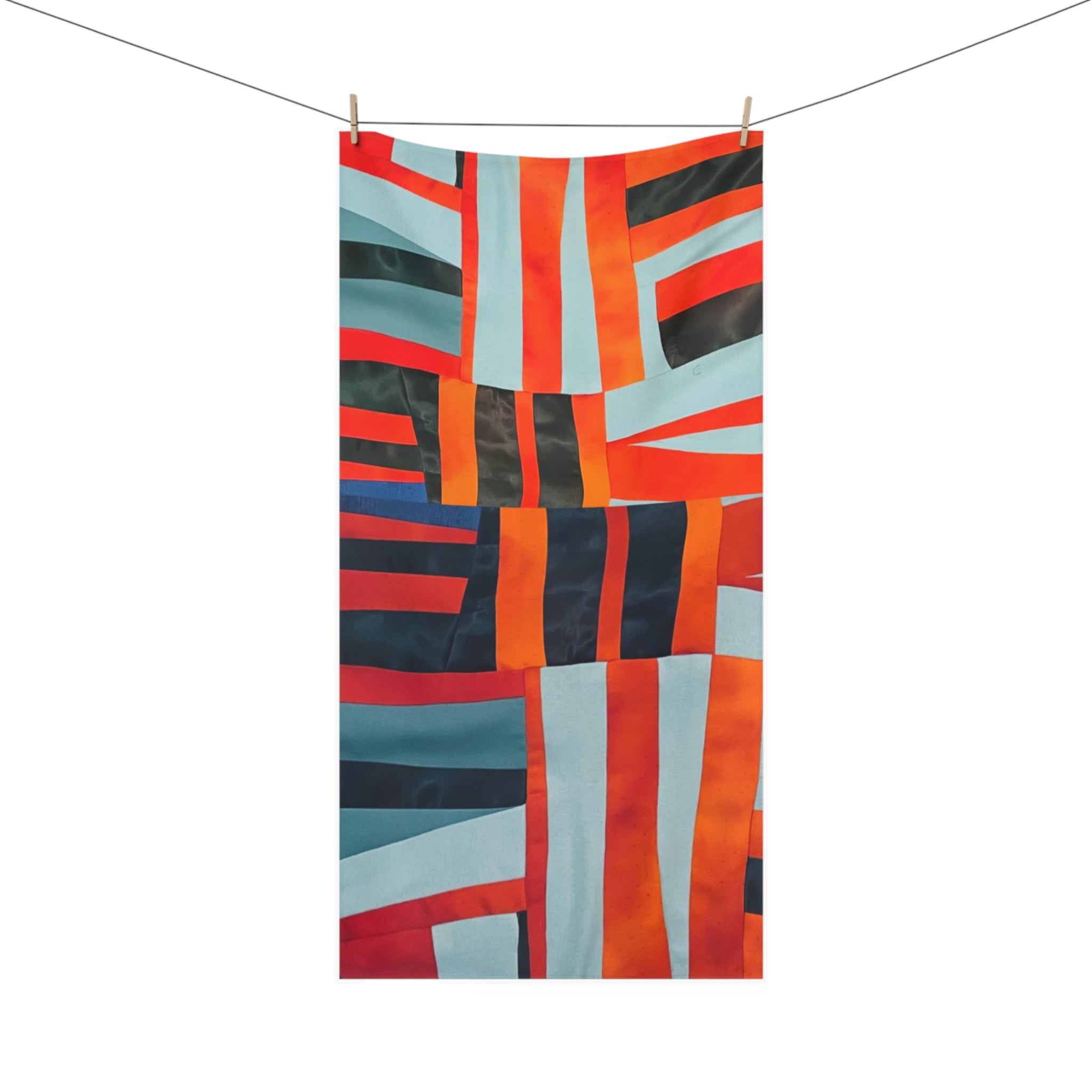 "Samuel" Abstract Geometric Cotton Beach Towel — Bold Orange & Teal Patchwork Pattern
