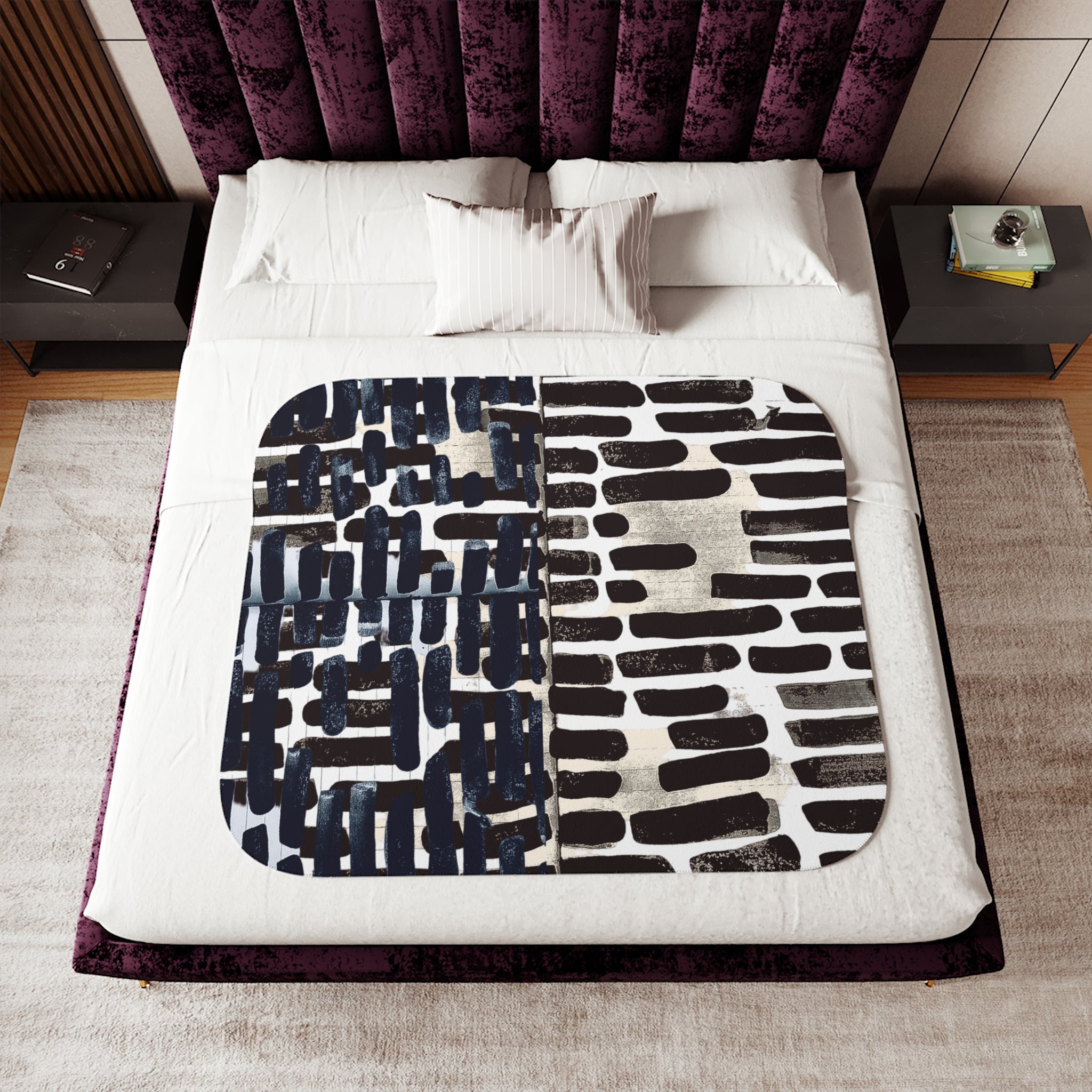 "Only My Notebook Knows How I Feel, My Heart Is On Every Page" Abstract Brushstroke Sherpa Blanket — Reversible Neutral Navy & Cream Cozy Throw