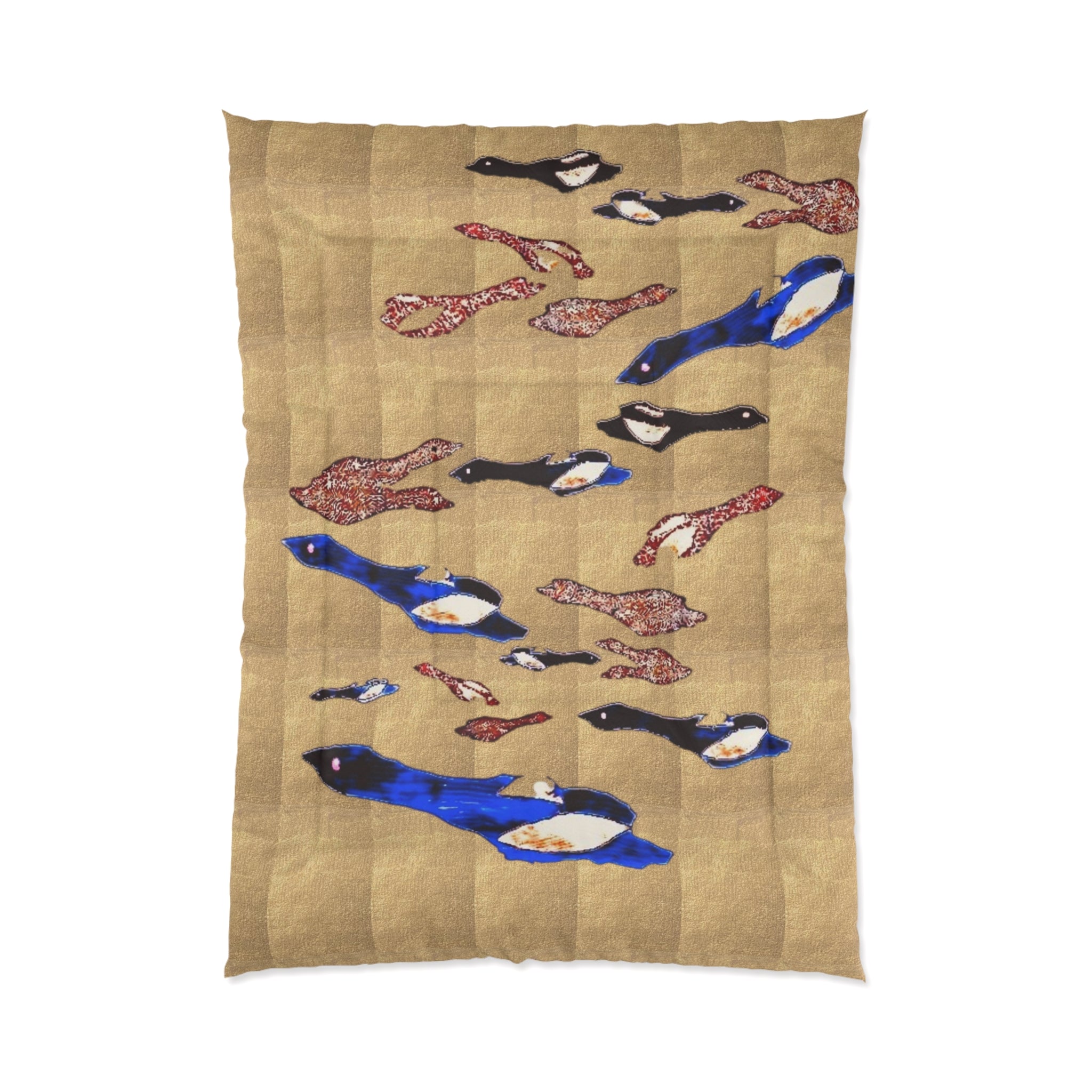 "Fly Me to the Moon" Bird Comforter – Beige Asian-Inspired Bedspread with Blue & Red Carp Pattern