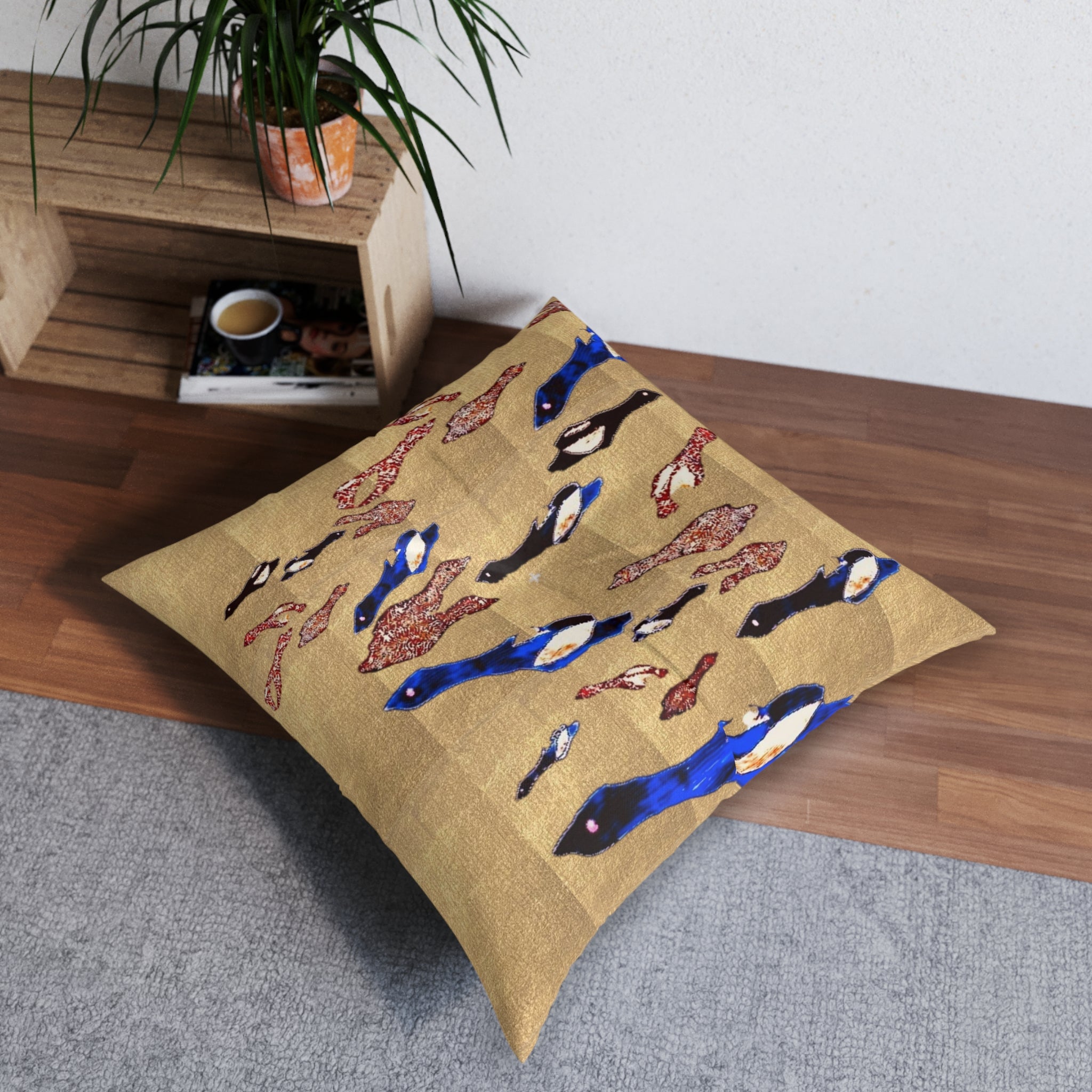"Fly Me to the Moon" Bronze and Gold, Floor Pillow — Blue & Black Flying Birdies Pattern Tufted Square Cushion