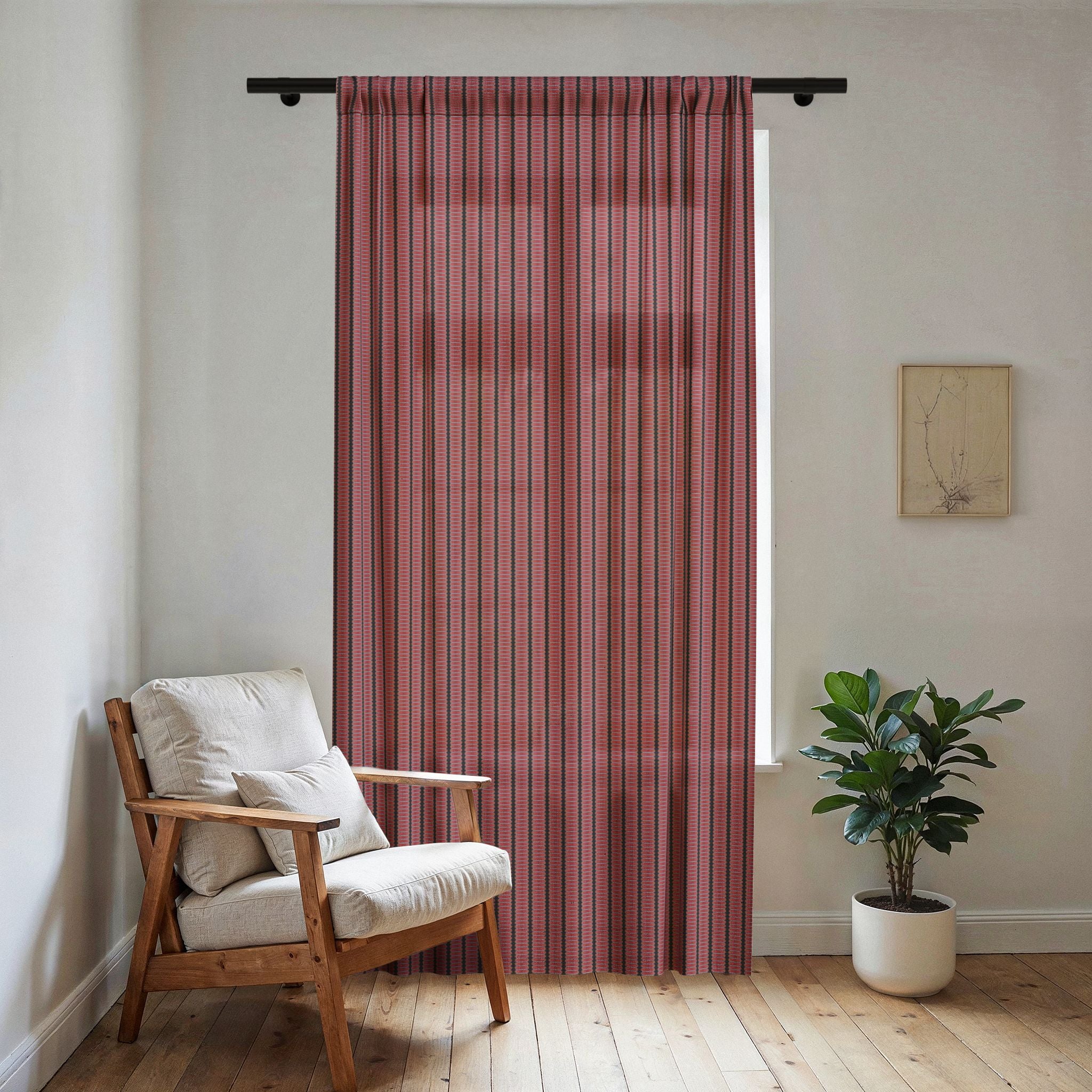 "The Nike of Samothrace" Coral and Grey Striped Sheer Window Curtain — Rosewood Vertical Stripe Sheer Panel
