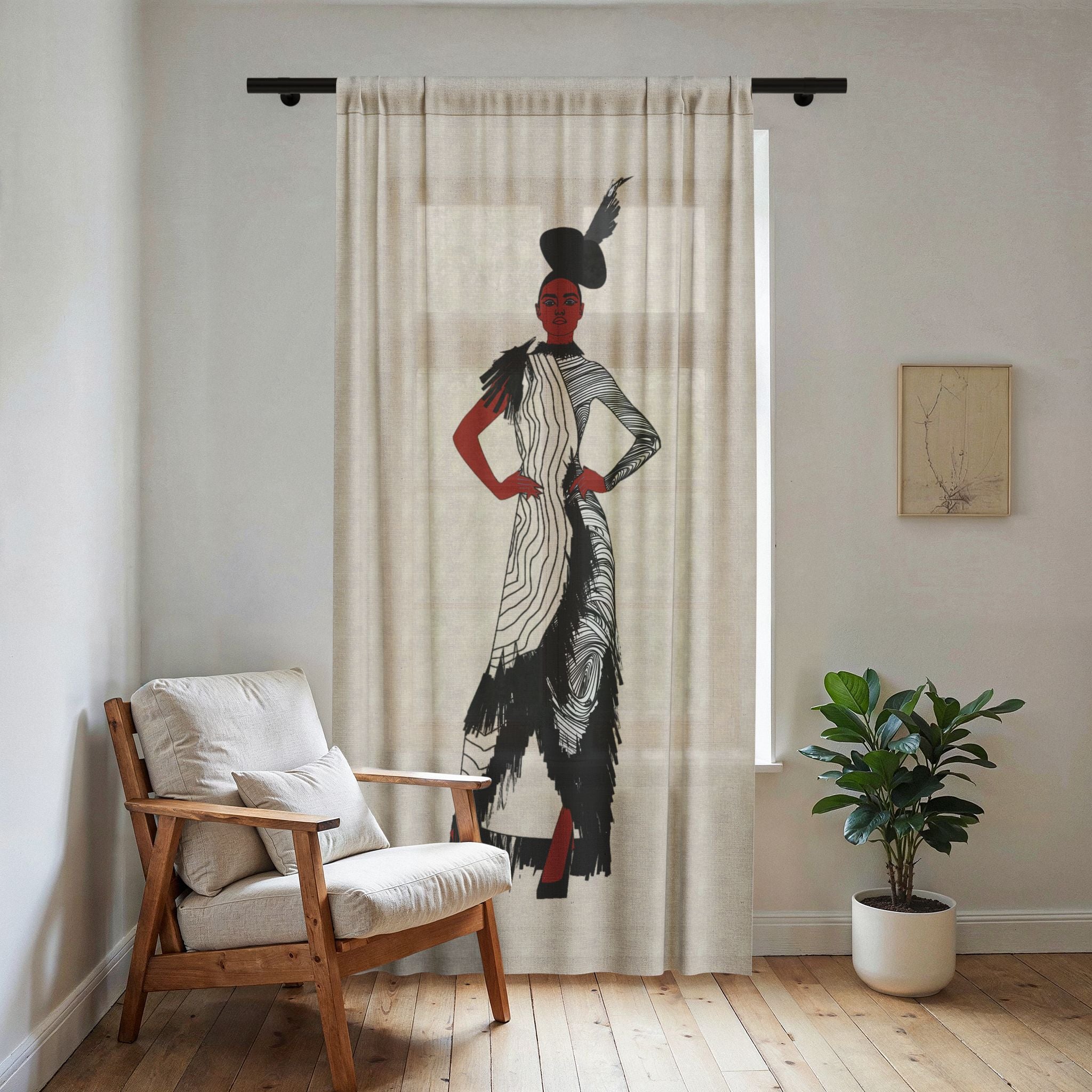 "Fierce Honey" Black Girl Magic  Sheer Curtain — Vintage Fashion Illustration Drapery Panel
