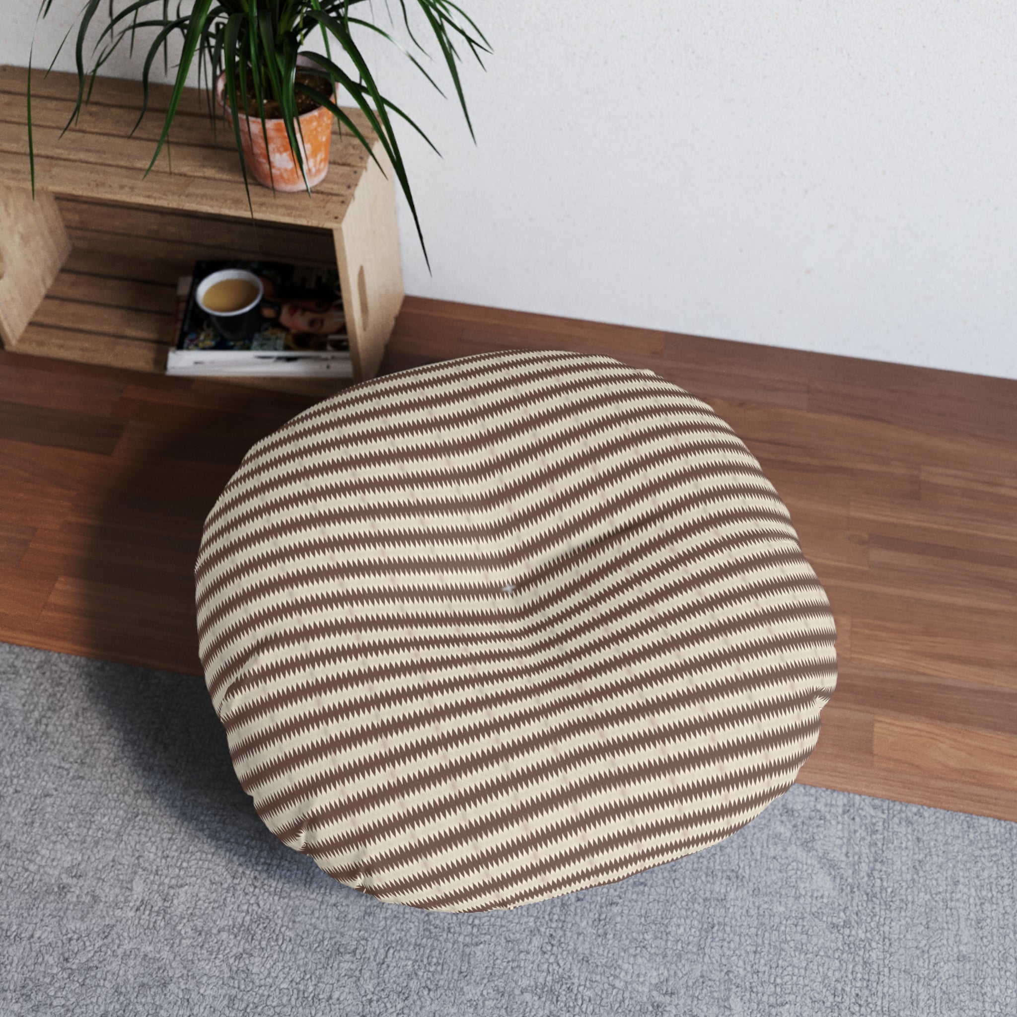 "Mississippi Morning" Burnt Umber and Beige Striped Round Tufted Floor Pillow — Neutral Boho Cushion for Living Room, Nursery & Meditation