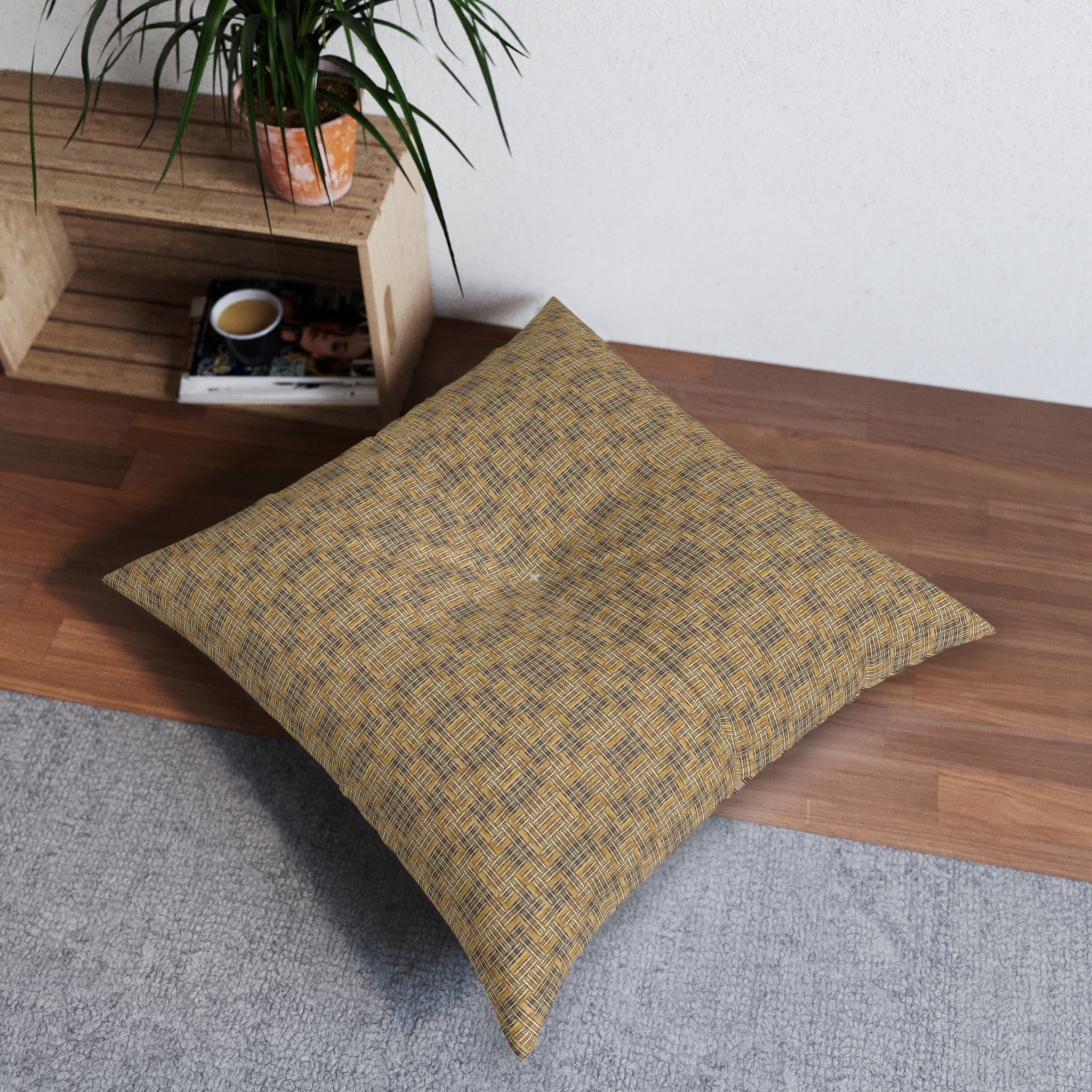 "All Things Fall Apart" Woven Mustard Tufted Floor Pillow — Square Decorative Cushion