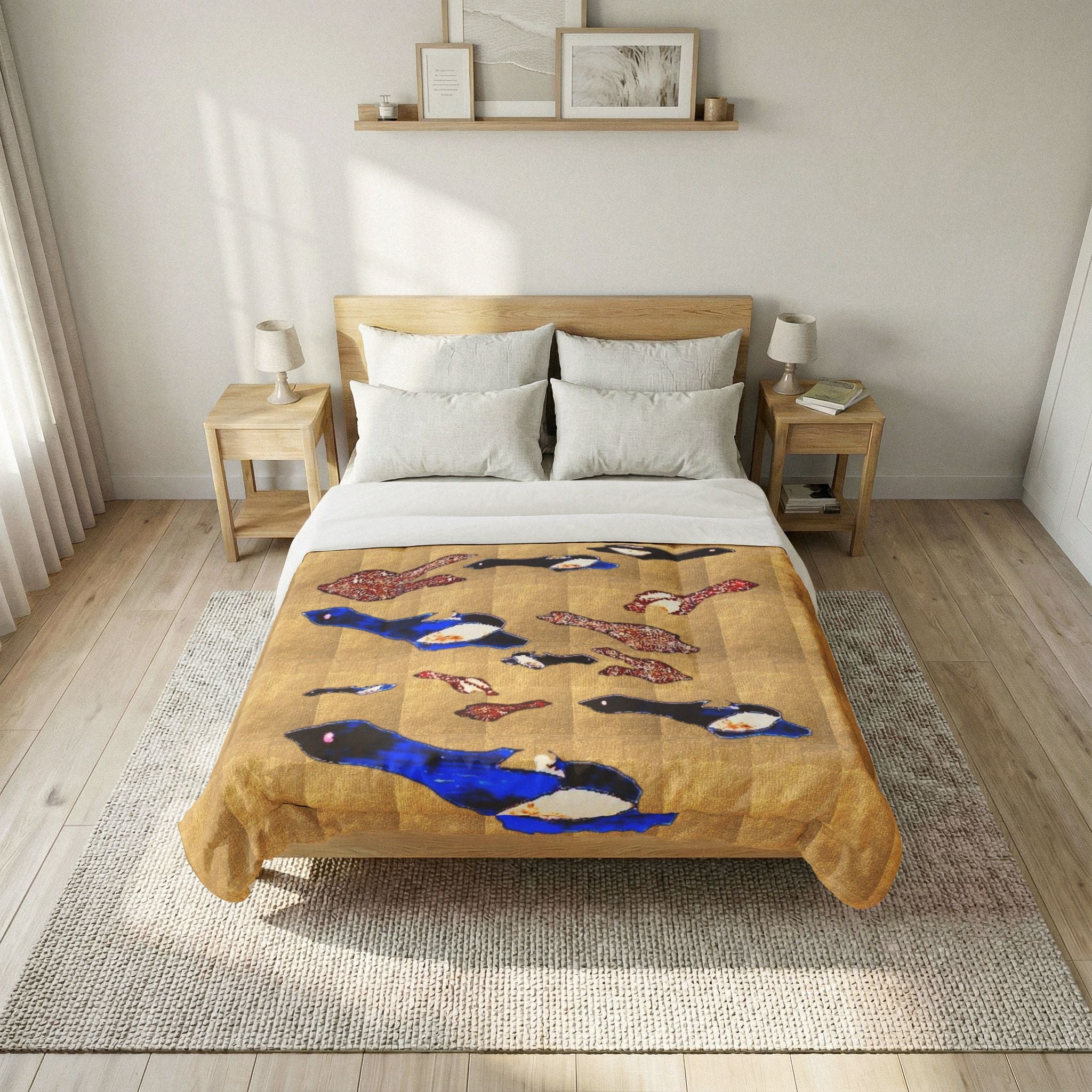"Fly Me to the Moon" Bird Flock Cotton Comforter – Vintage Gold Blue Waterfowl Throw