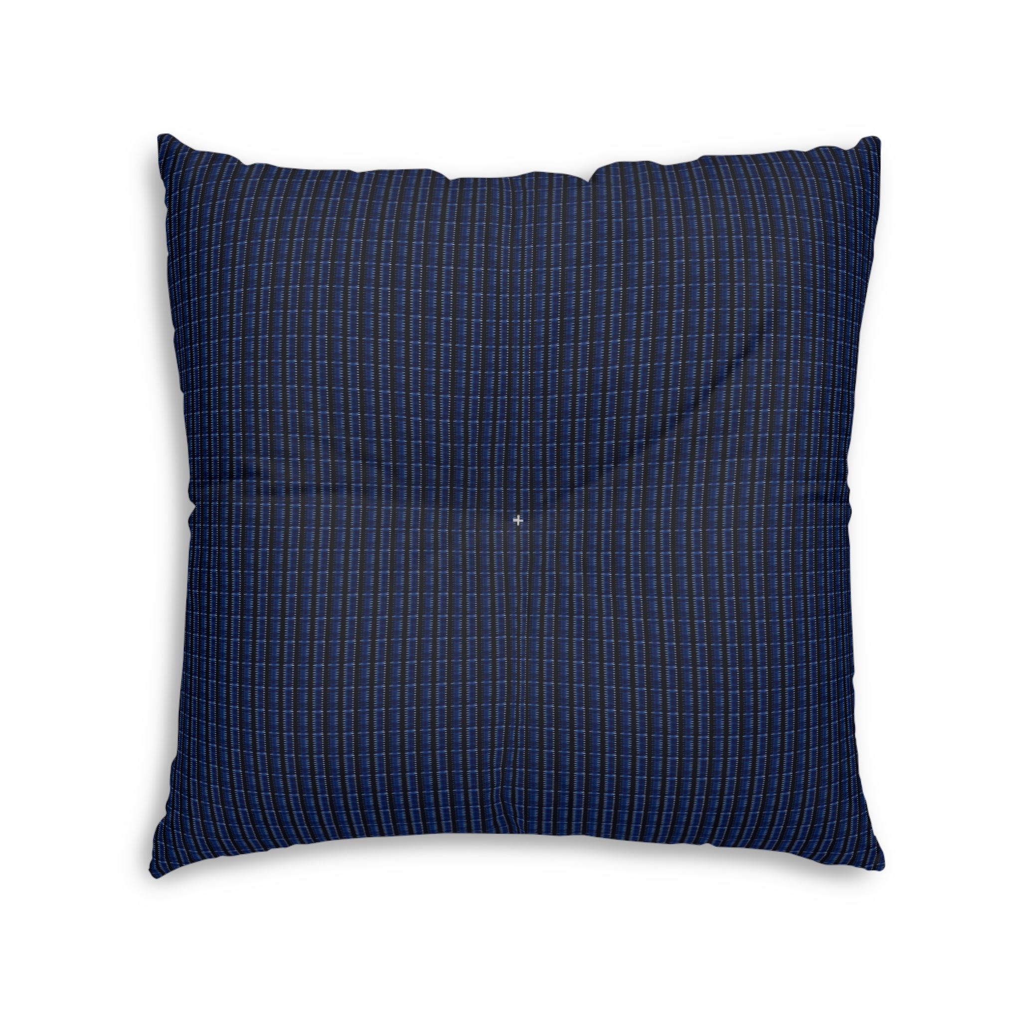 "Mississippi Midnight: Lovely Banjo Blues" Black and Navy Plaid Tufted Floor Pillow — Cozy Square Accent Cushion