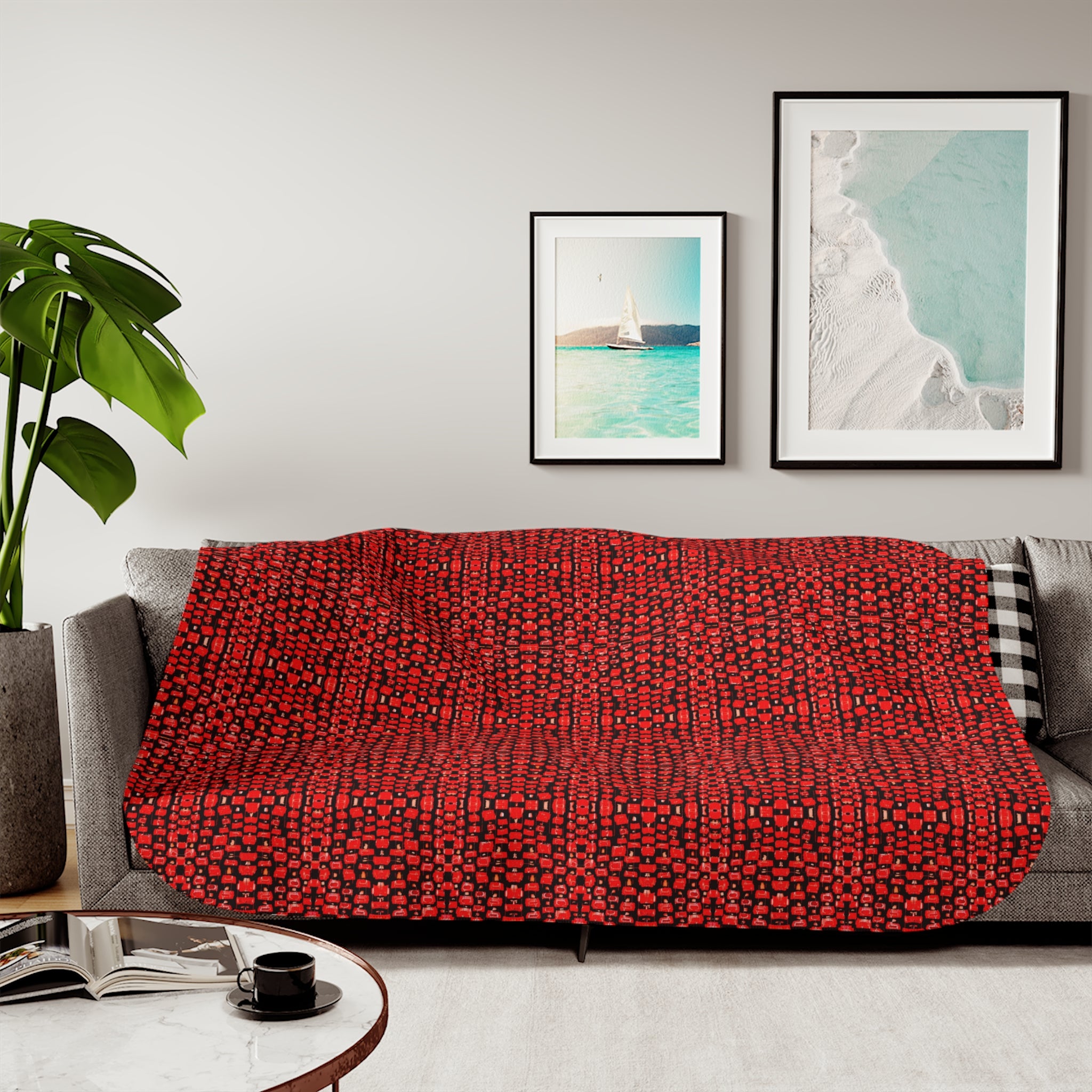"Japanese Cherry Blossom" Cozy Red Knit Sherpa Blanket – Reversible Plush Throw for Home & Holiday Gifting