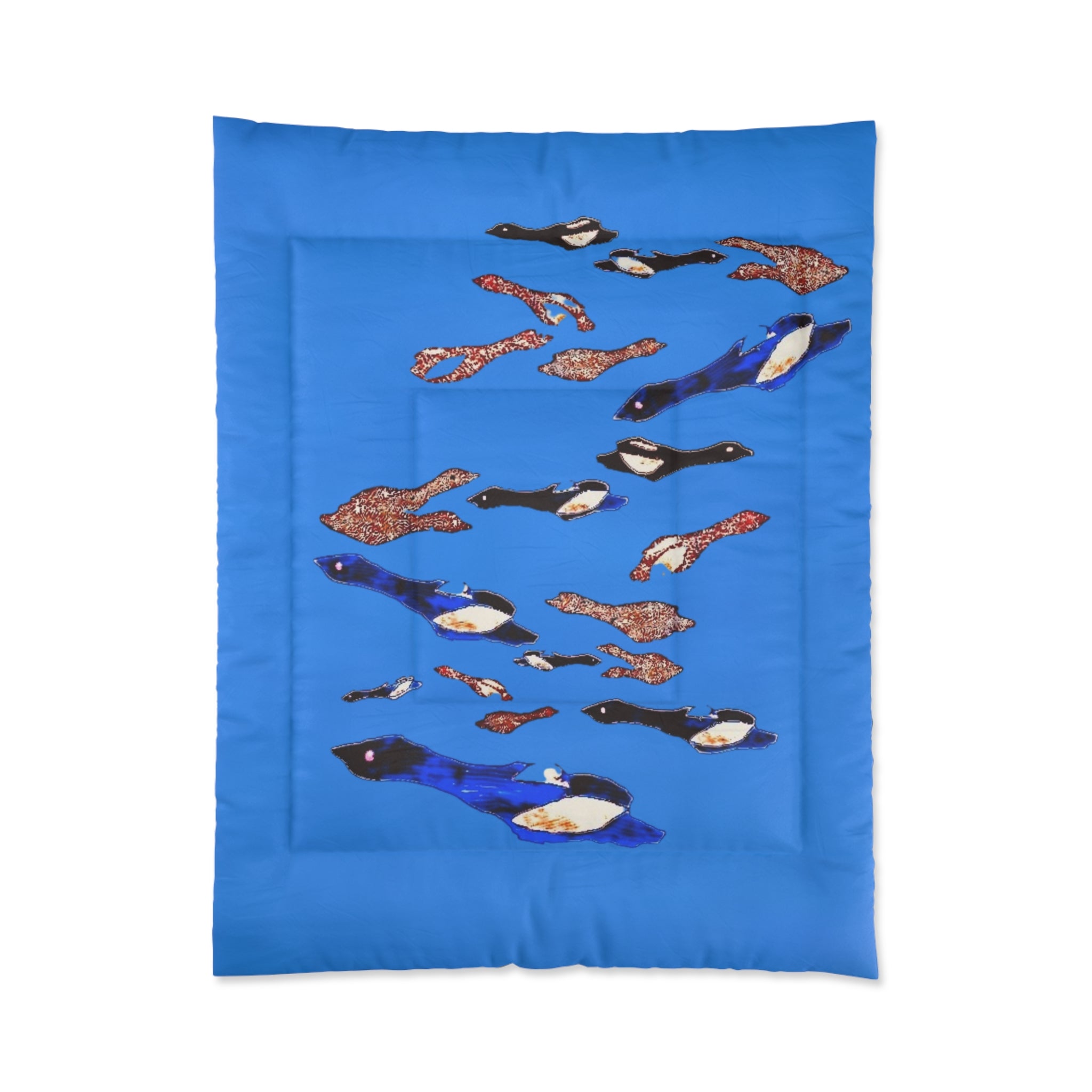 "Fly Me to the Moon" Flock Cerulean Blue Comforter — Playful Arctic Animal Bedding